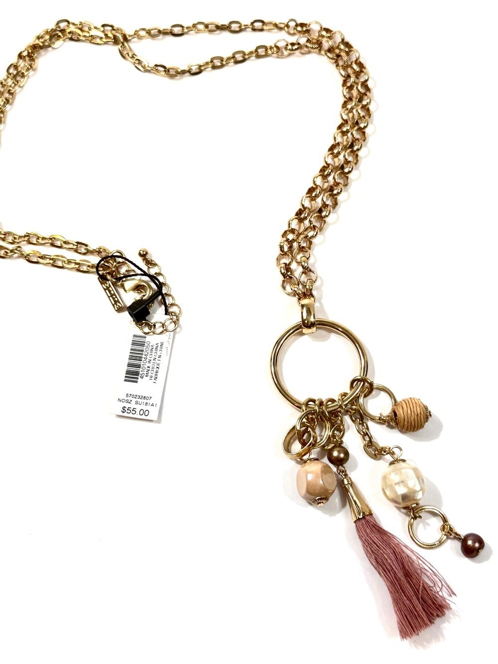 WHBM Gold & Pink Tassel Charm Necklace | Boho Luxe Style | NWT
